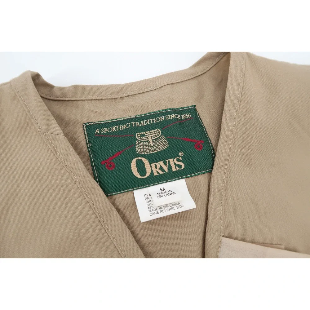 Orvis Mens Medium Fly Fishing Vest‎ Khaki Beige 7 Pocket Patch Full Zip Outdoor
